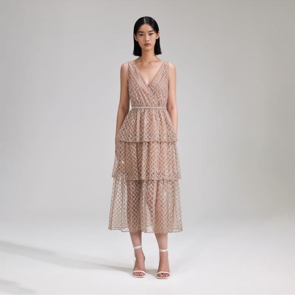 TAN GRID SEQUIN TIERED MIDI DRESS Self Portrait